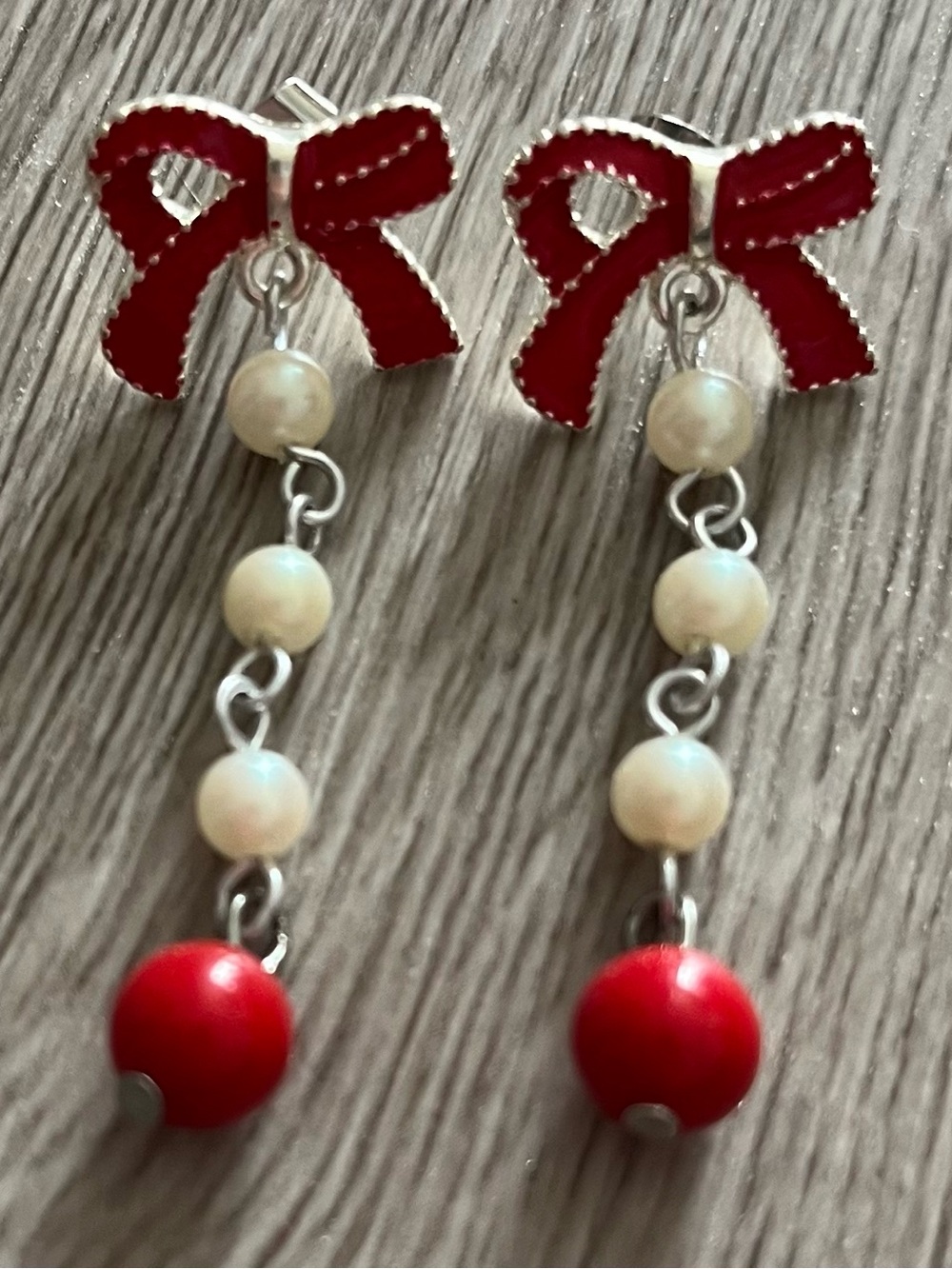 Red Bow Drop Earrings with Pearl Bead Chain